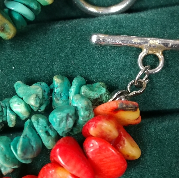 Turquoise Chip & Coral Bracelet 3 Strand 925 Sterling Silver 8" Long - Picture 5 of 16